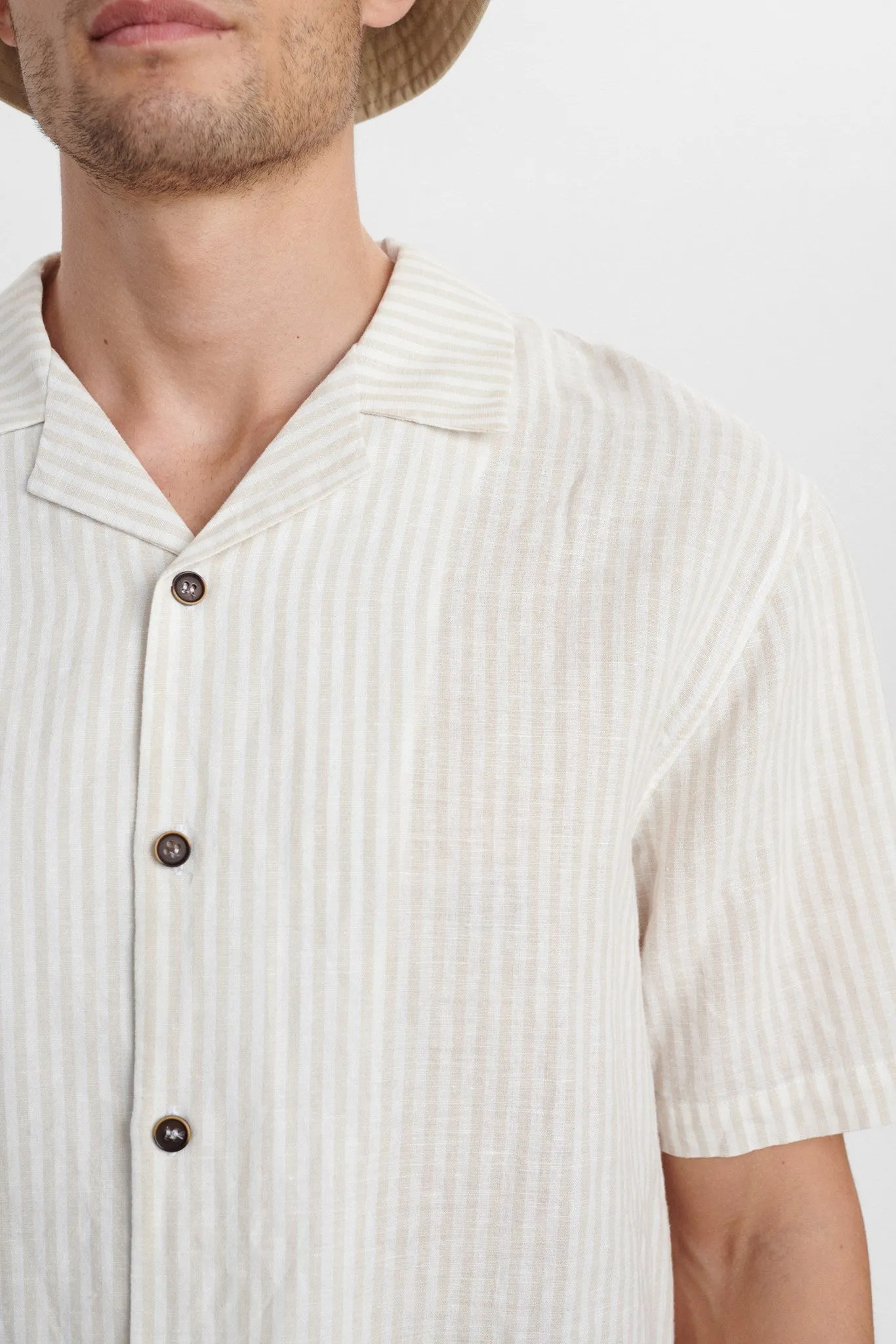 AKLEO COT/LIN STRIPE SHIRT - Brown Rice