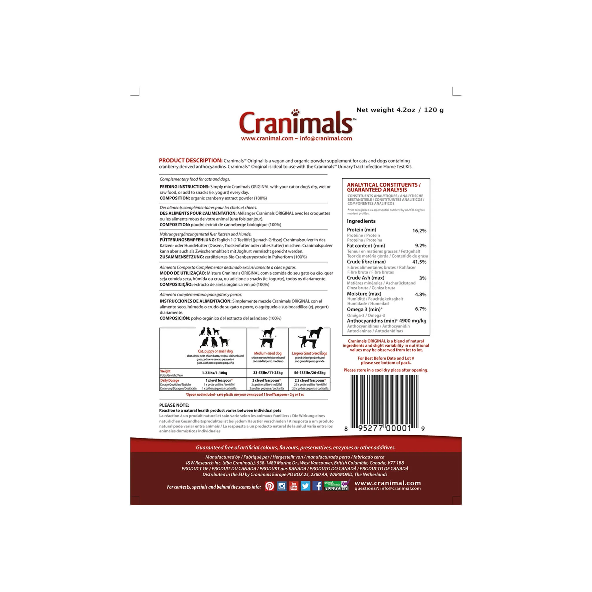 Cranimals Original Urinary Tract Organic Cranberry Extract Supplement for Dogs & Cats