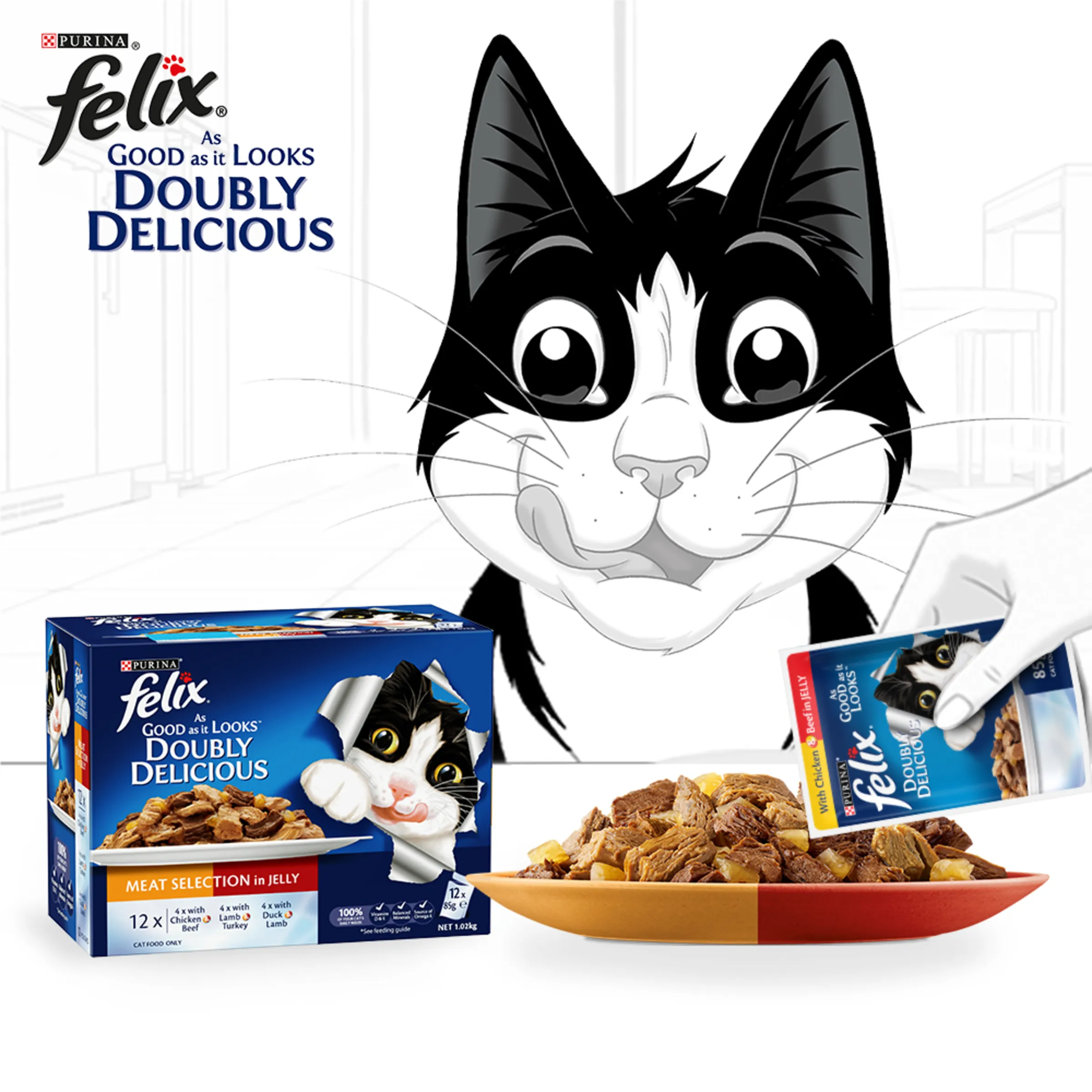 Felix Double Delicious Meat Selection in Jelly Adult Wet Cat Food 85g x 12