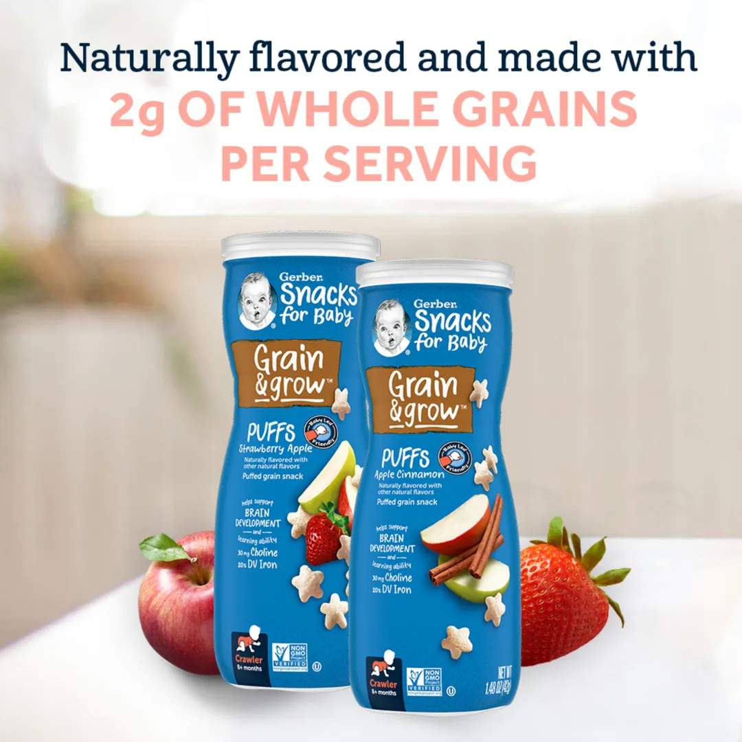 Gerber Puffs 42g - (8m ) SweetPotato/ Strawberry/ AppleVanilla/ AppleCinnamon/ PeachBanana/ Blueberry