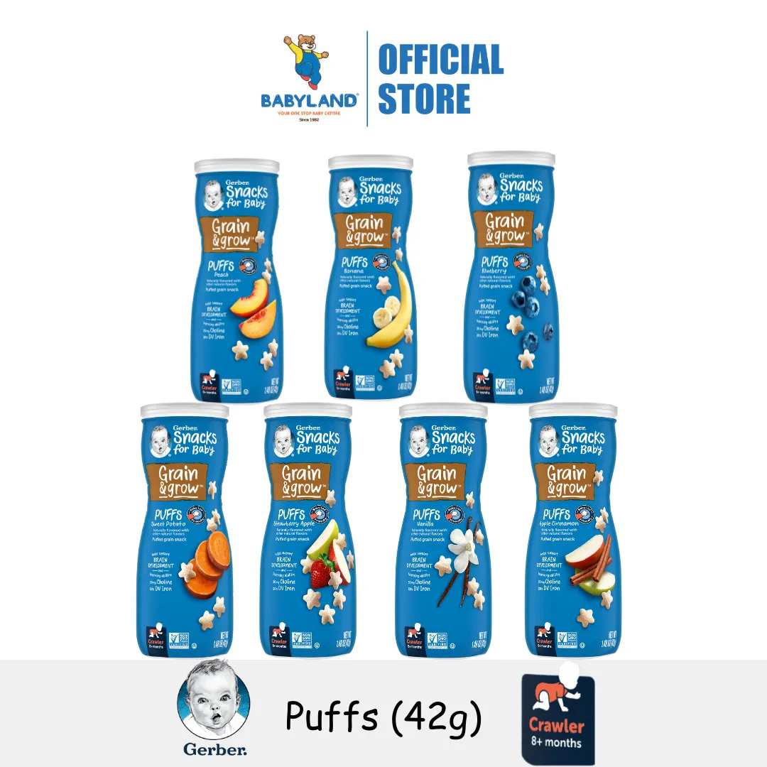 Gerber Puffs 42g - (8m ) SweetPotato/ Strawberry/ AppleVanilla/ AppleCinnamon/ PeachBanana/ Blueberry