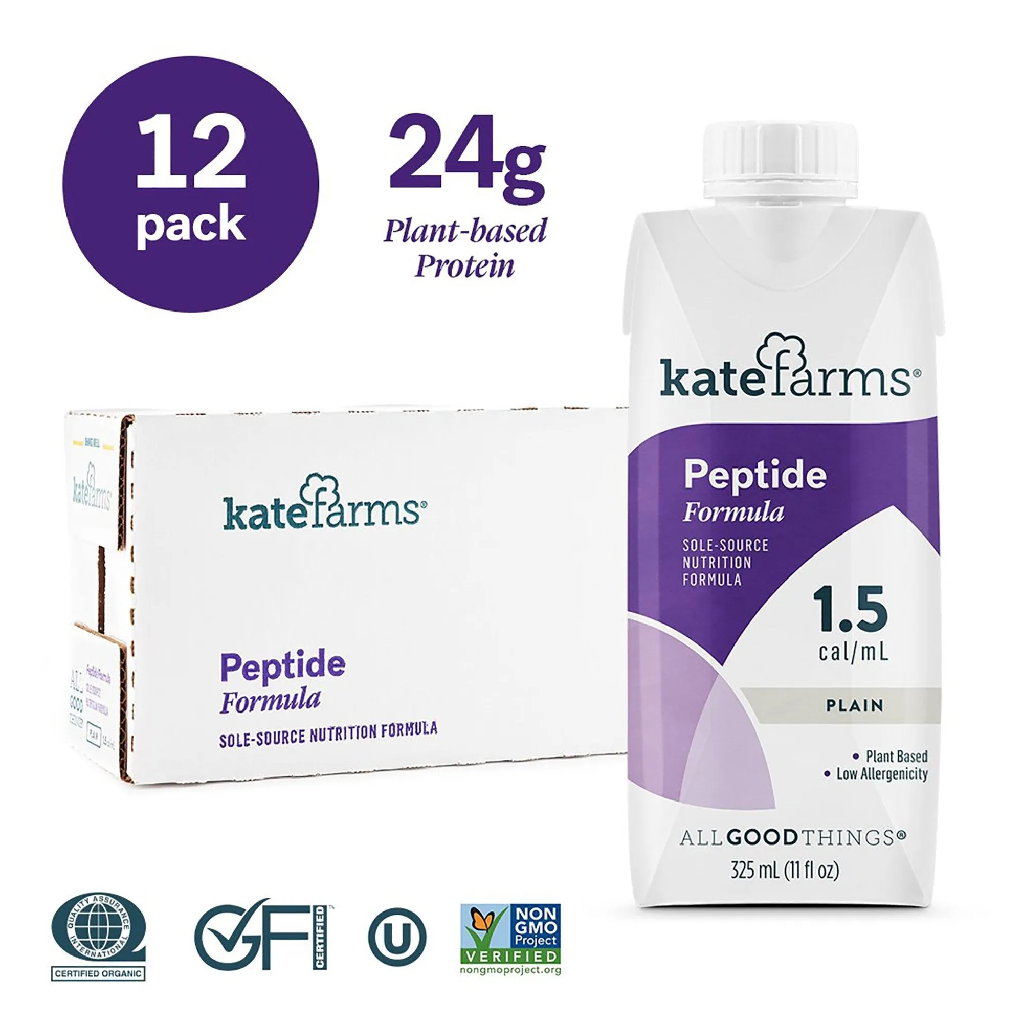 Kate Farms® Peptide 1.5 Plain Oral Supplement / Tube Feeding Formula, 11 oz. Carton