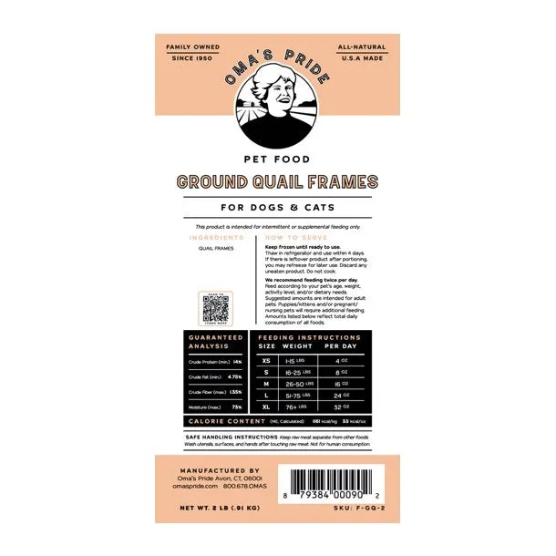 Oma's Pride Ground Quail Meat & Frames 2lb